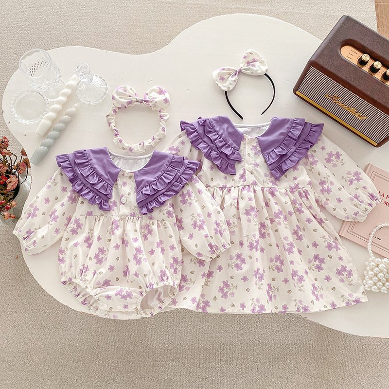 New Arrival 100% Cotton Fabric Adorable Short Sleeve Fancy Flower Print Girl Baby Rompers