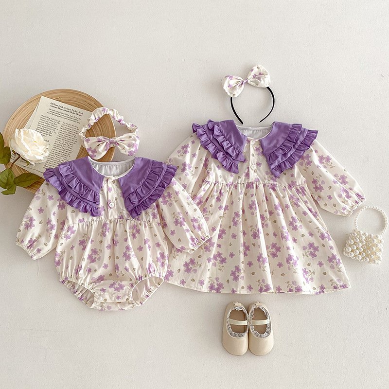 New Arrival 100% Cotton Fabric Adorable Short Sleeve Fancy Flower Print Girl Baby Rompers