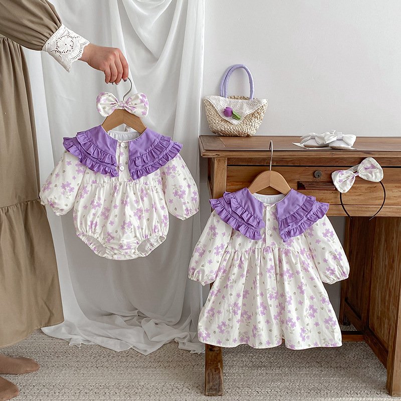 New Arrival 100% Cotton Fabric Adorable Short Sleeve Fancy Flower Print Girl Baby Rompers