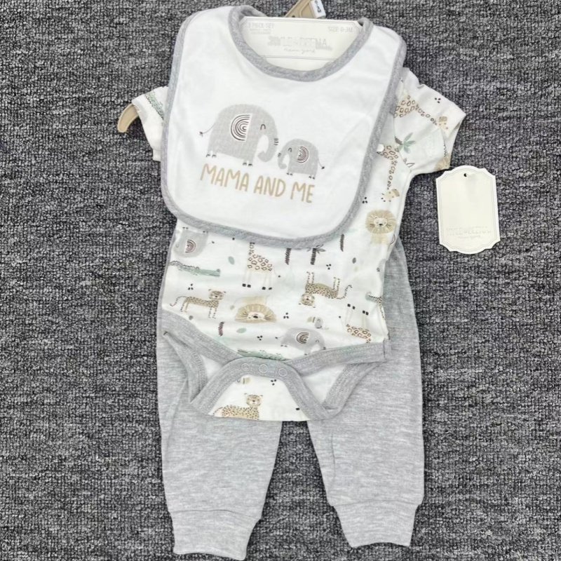 Short Sleeve Baby Romper Animal Print 3 Piece Set Bib + Romper + Pants 0 - 9m Cute Boutique Baby Set Clothes Cotton