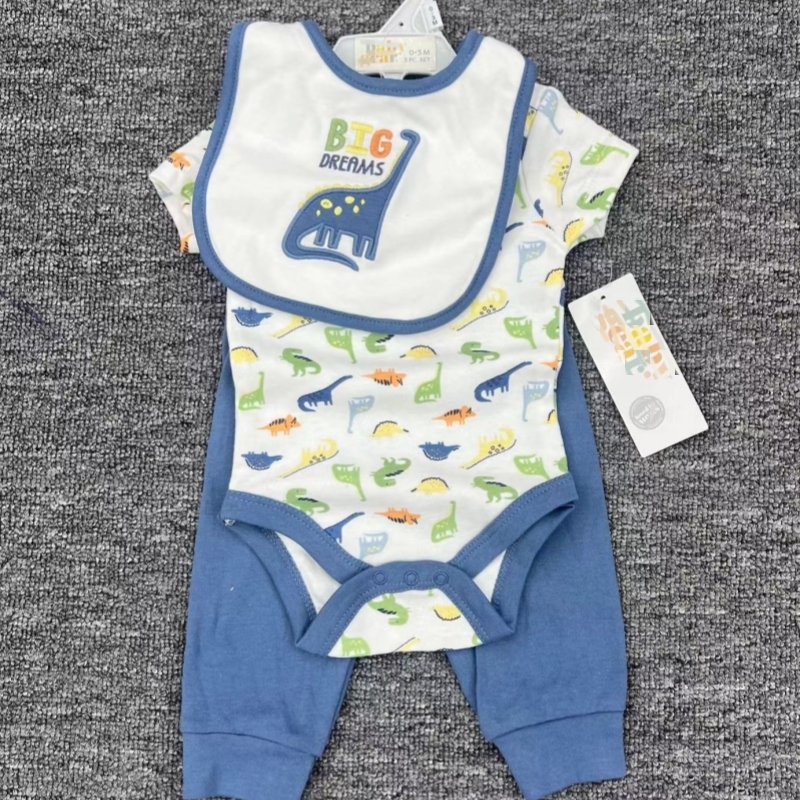Short Sleeve Baby Romper Animal Print 3 Piece Set Bib + Romper + Pants 0 - 9m Cute Boutique Baby Set Clothes Cotton
