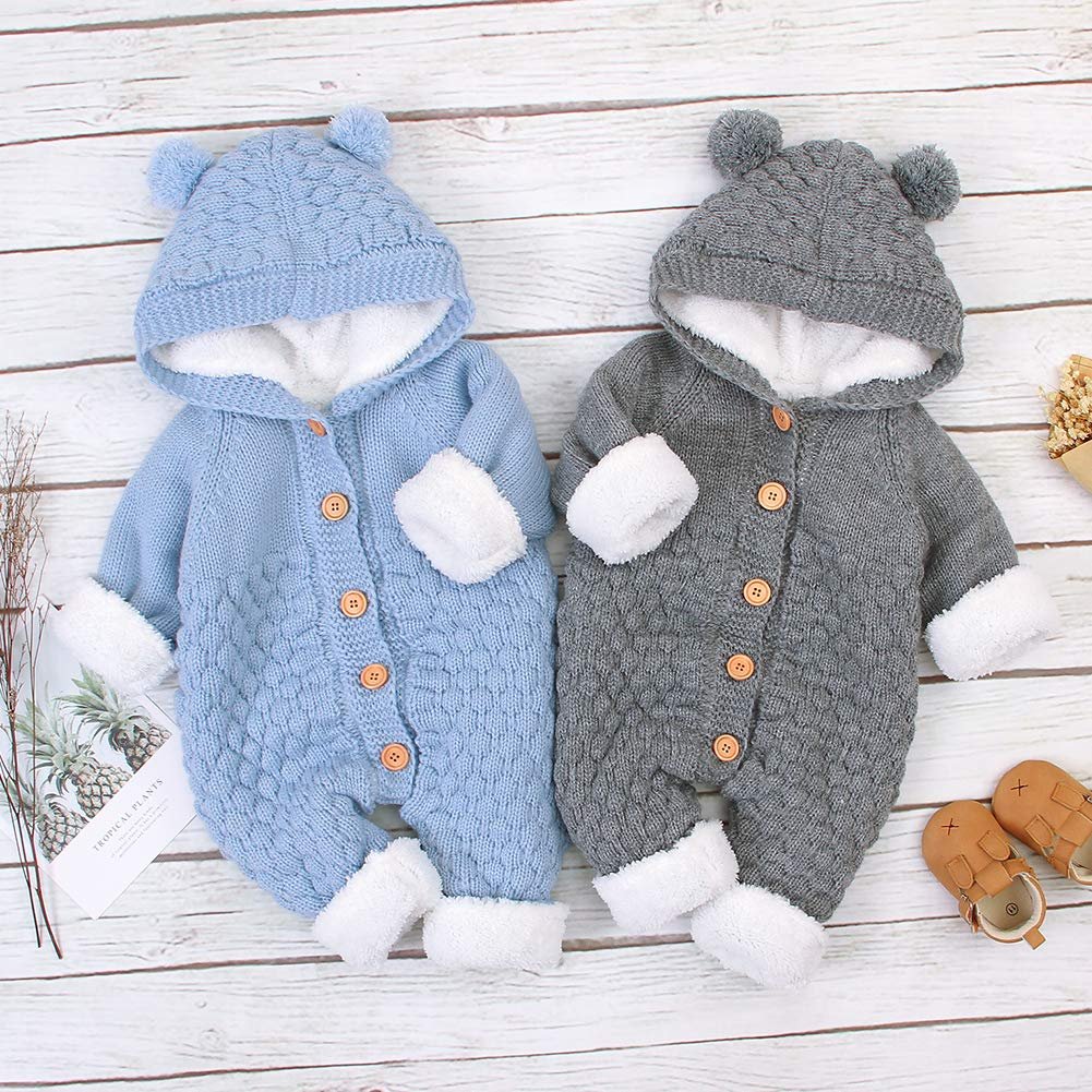 2021 Winter Custom Logo Design Baby Hooded Knitted Rompers Newborn Girls' Boys' Warm Sweater Jumpsuit New Born Baby Clothing