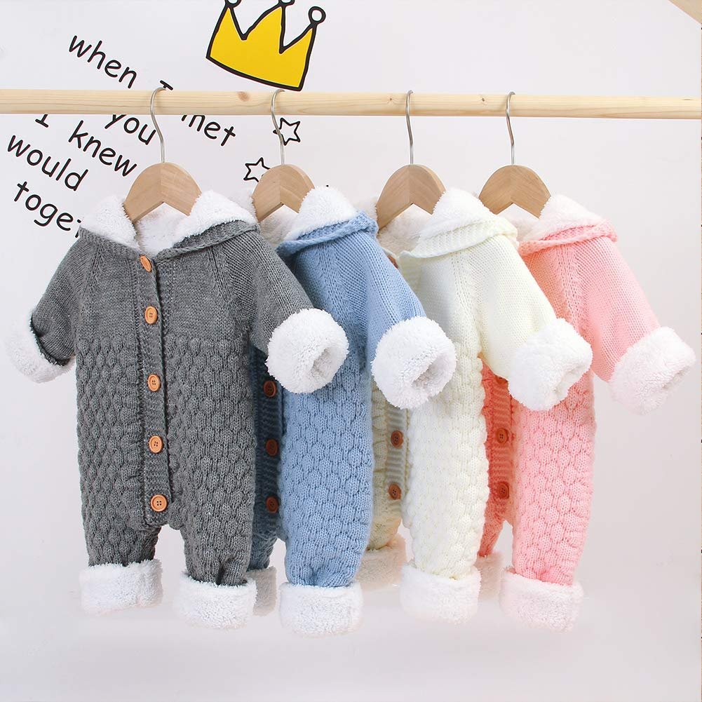 2021 Winter Custom Logo Design Baby Hooded Knitted Rompers Newborn Girls' Boys' Warm Sweater Jumpsuit New Born Baby Clothing