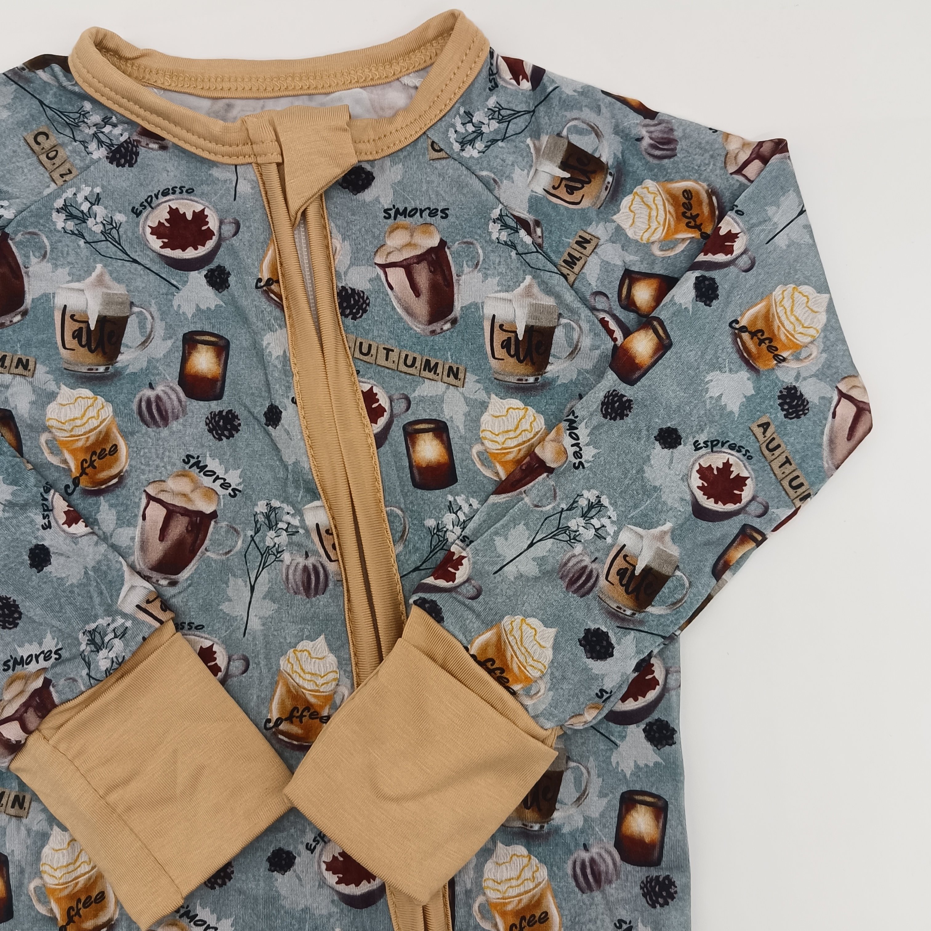 Custom Autumn Coffe Printing Double Zipper Bamboo Baby Romper