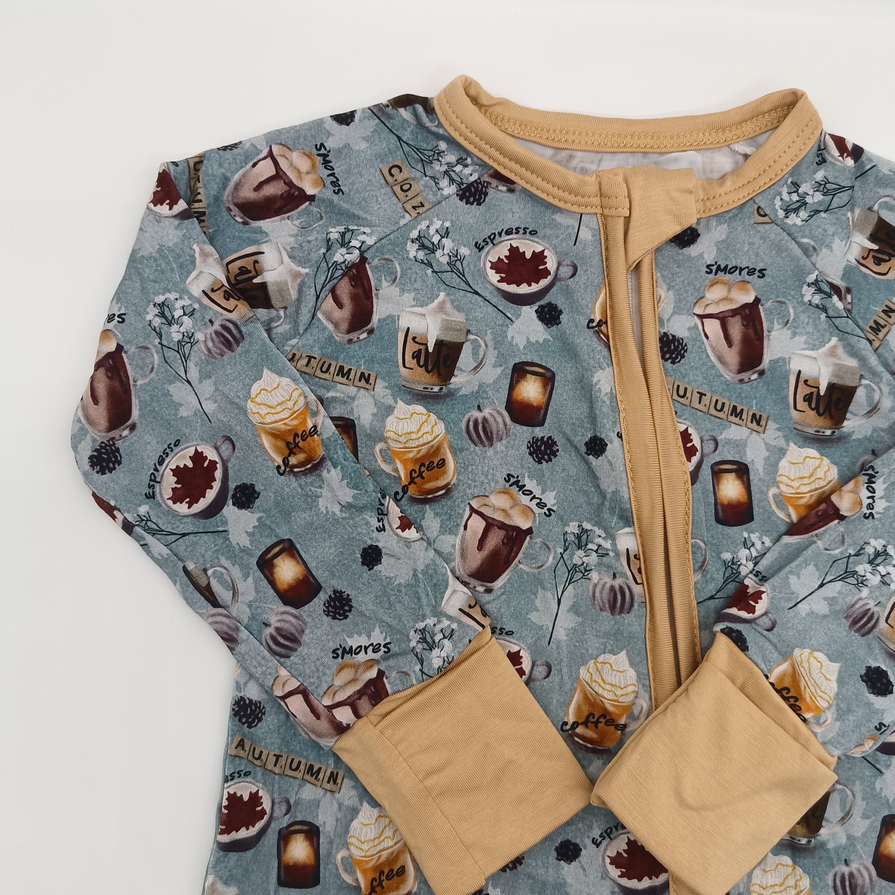 Custom Autumn Coffe Printing Double Zipper Bamboo Baby Romper
