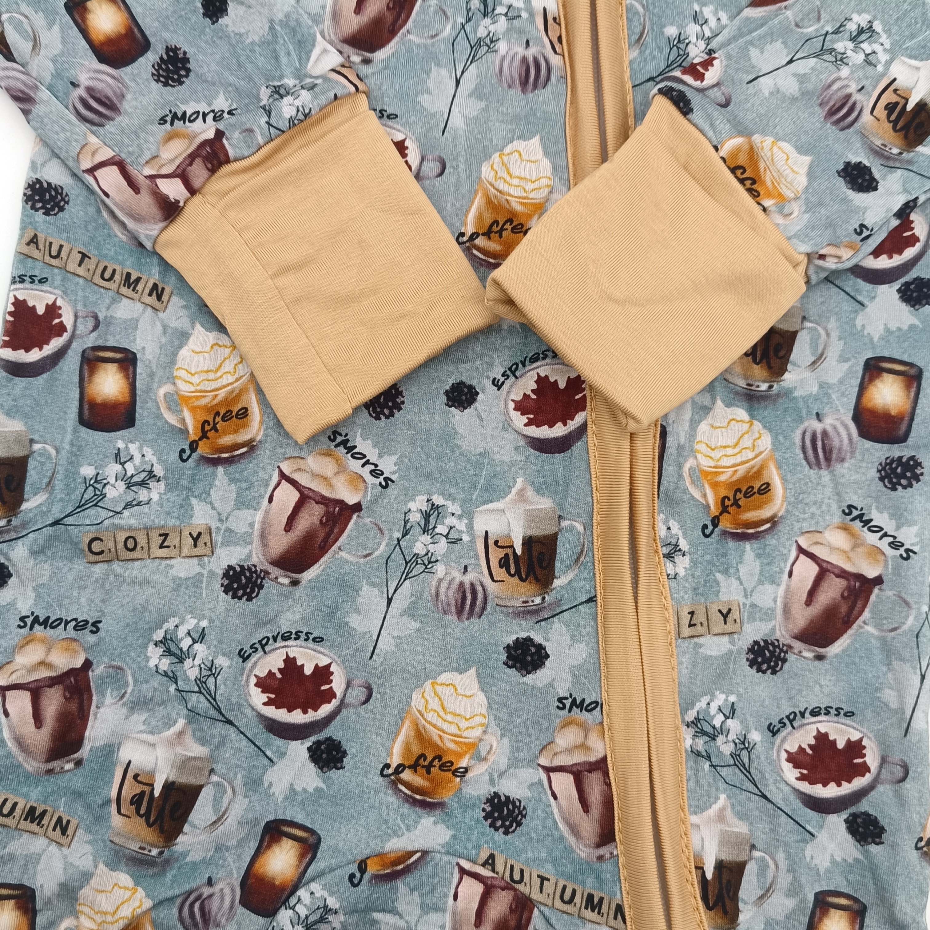 Custom Autumn Coffe Printing Double Zipper Bamboo Baby Romper