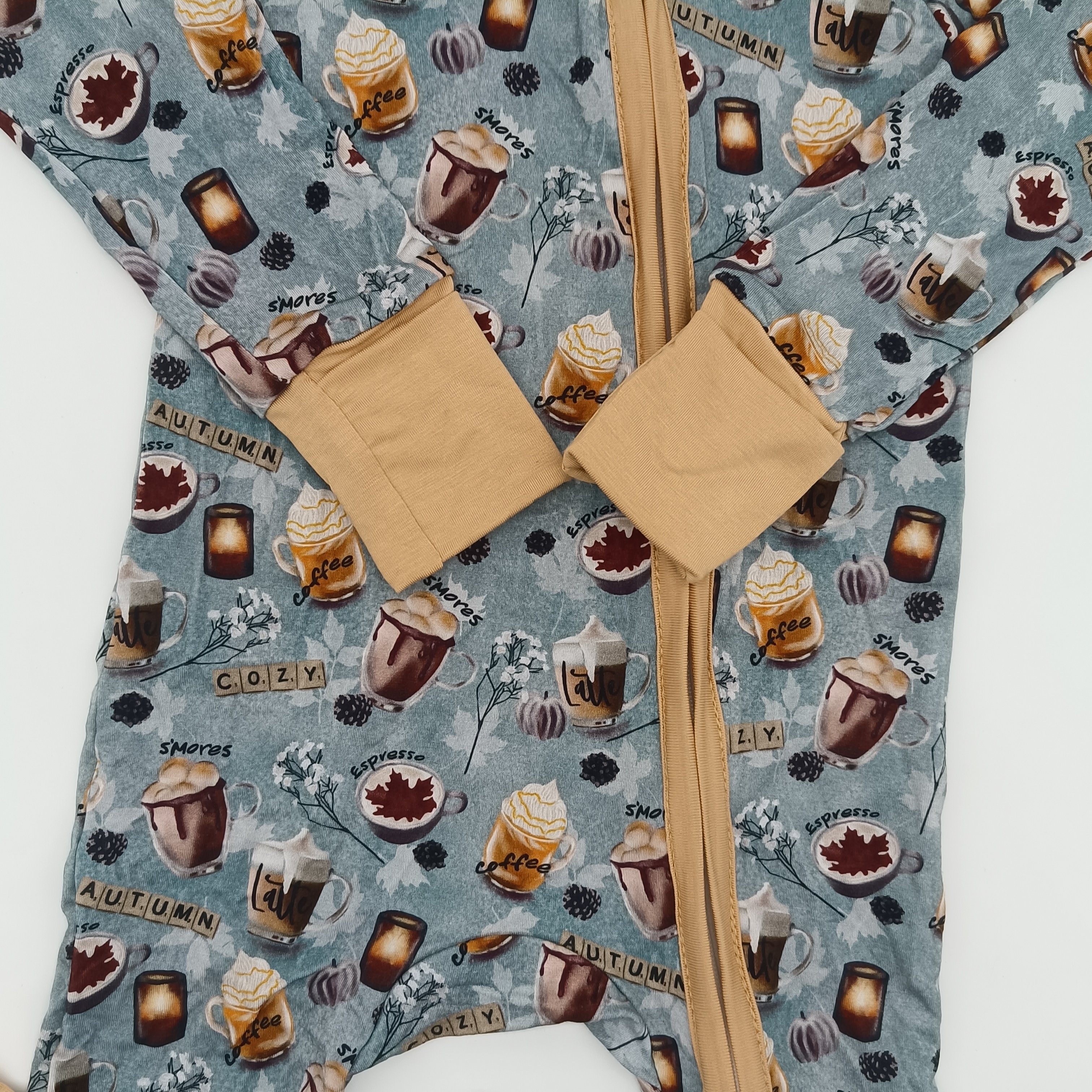 Custom Autumn Coffe Printing Double Zipper Bamboo Baby Romper