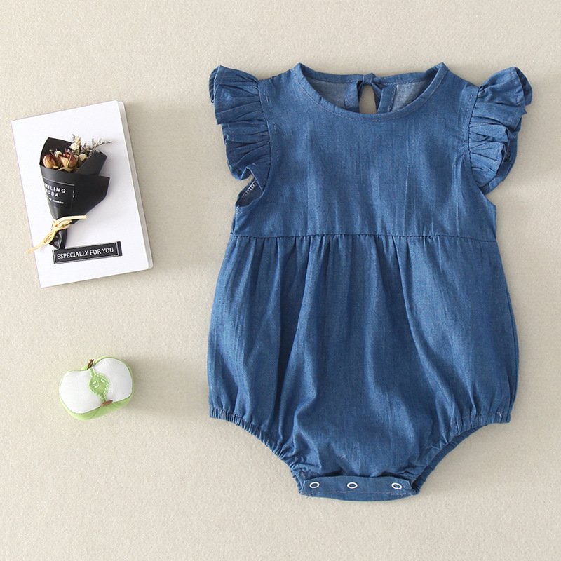 Wholesale Newborn Collar Fly Sleeve Edge Denim Romper Baby Clothes Unisex Summer Solid Color Baby Romper
