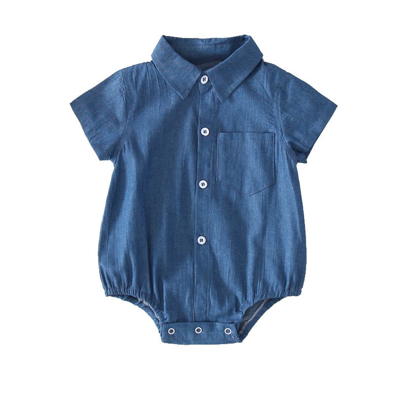 Wholesale Newborn Collar Fly Sleeve Edge Denim Romper Baby Clothes Unisex Summer Solid Color Baby Romper
