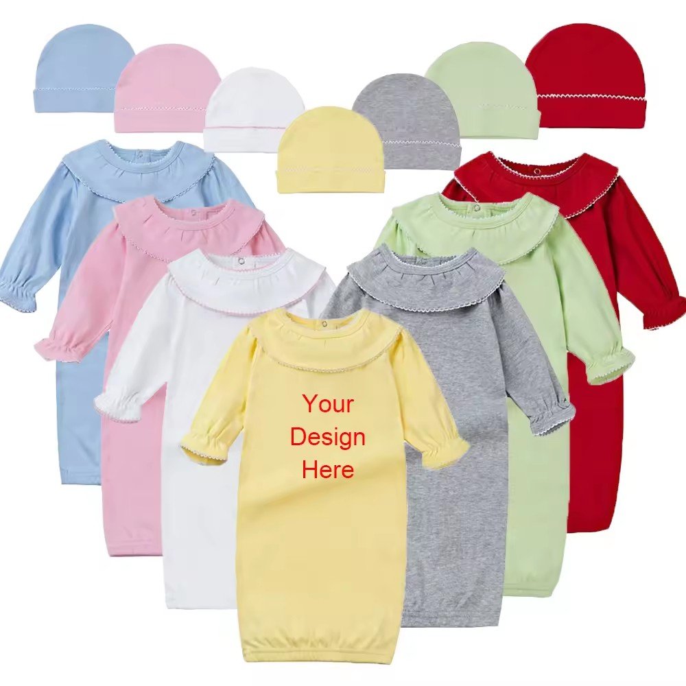 Custom blank Picot trim baby clothing organic cotton personalized embroidery baby gift set Monogram infant romper