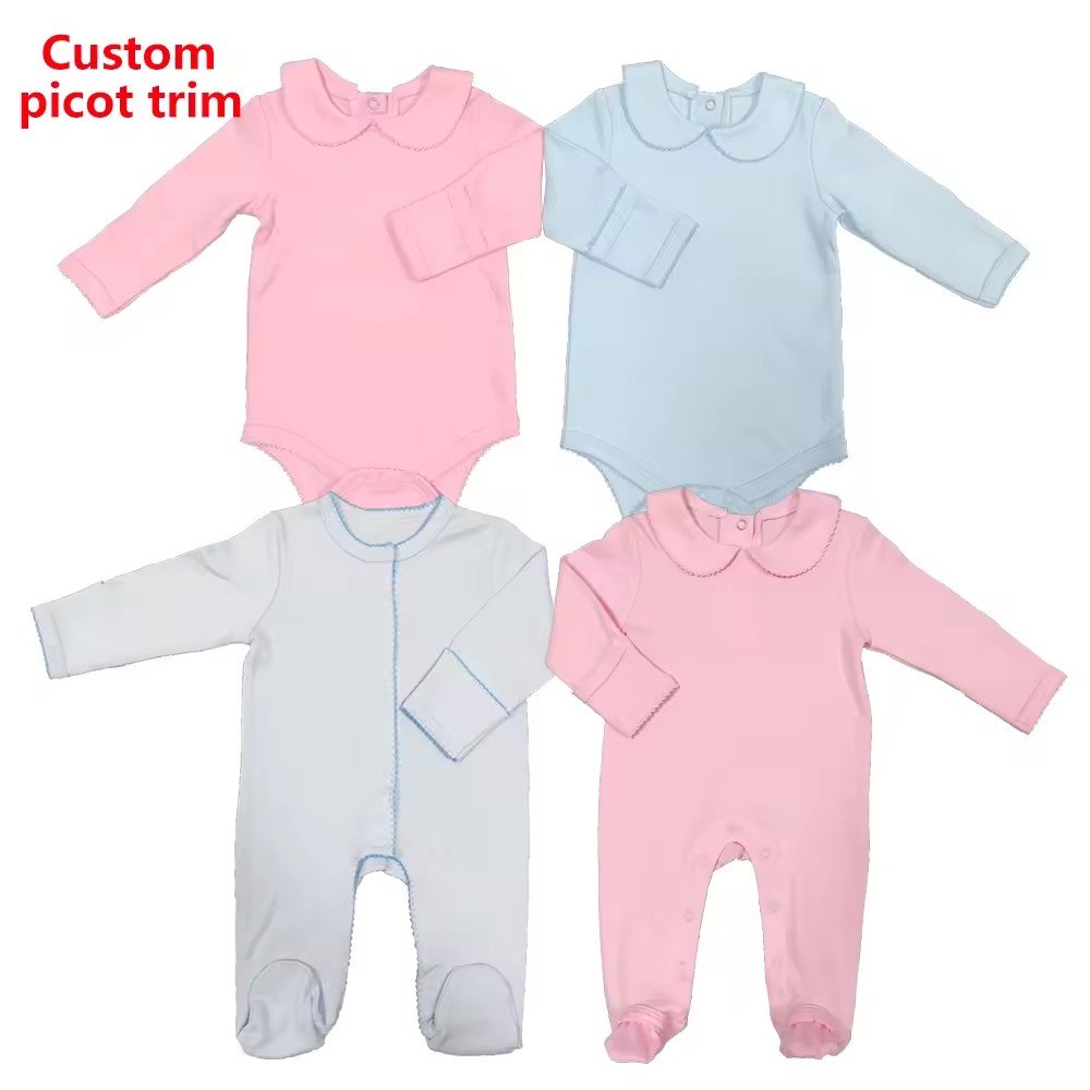 Custom blank Picot trim baby clothing organic cotton personalized embroidery baby gift set Monogram infant romper