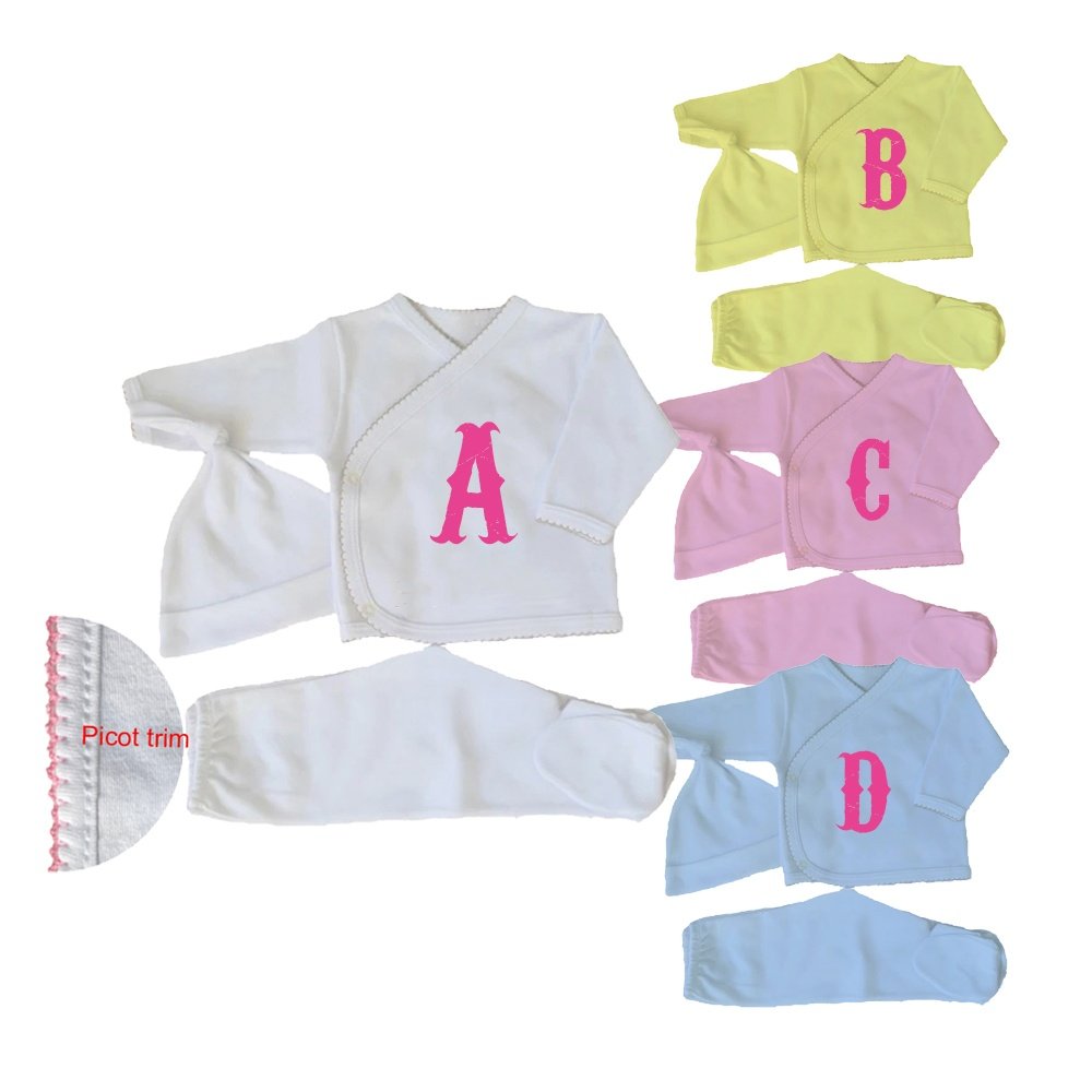 Custom blank Picot trim baby clothing organic cotton personalized embroidery baby gift set Monogram infant romper