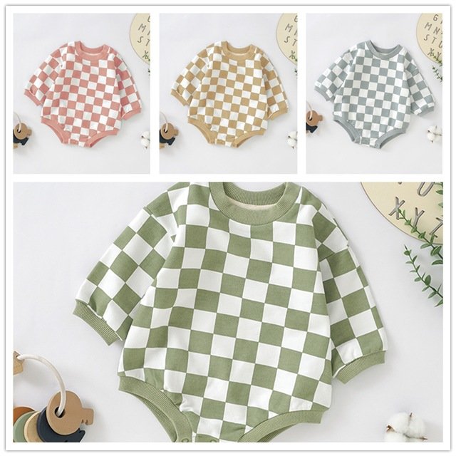 Wholesale Organic Cotton Plaid Print Long Sleeve Short Snap Baby Romper