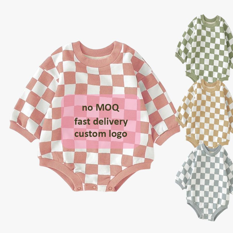 Wholesale Organic Cotton Plaid Print Long Sleeve Short Snap Baby Romper