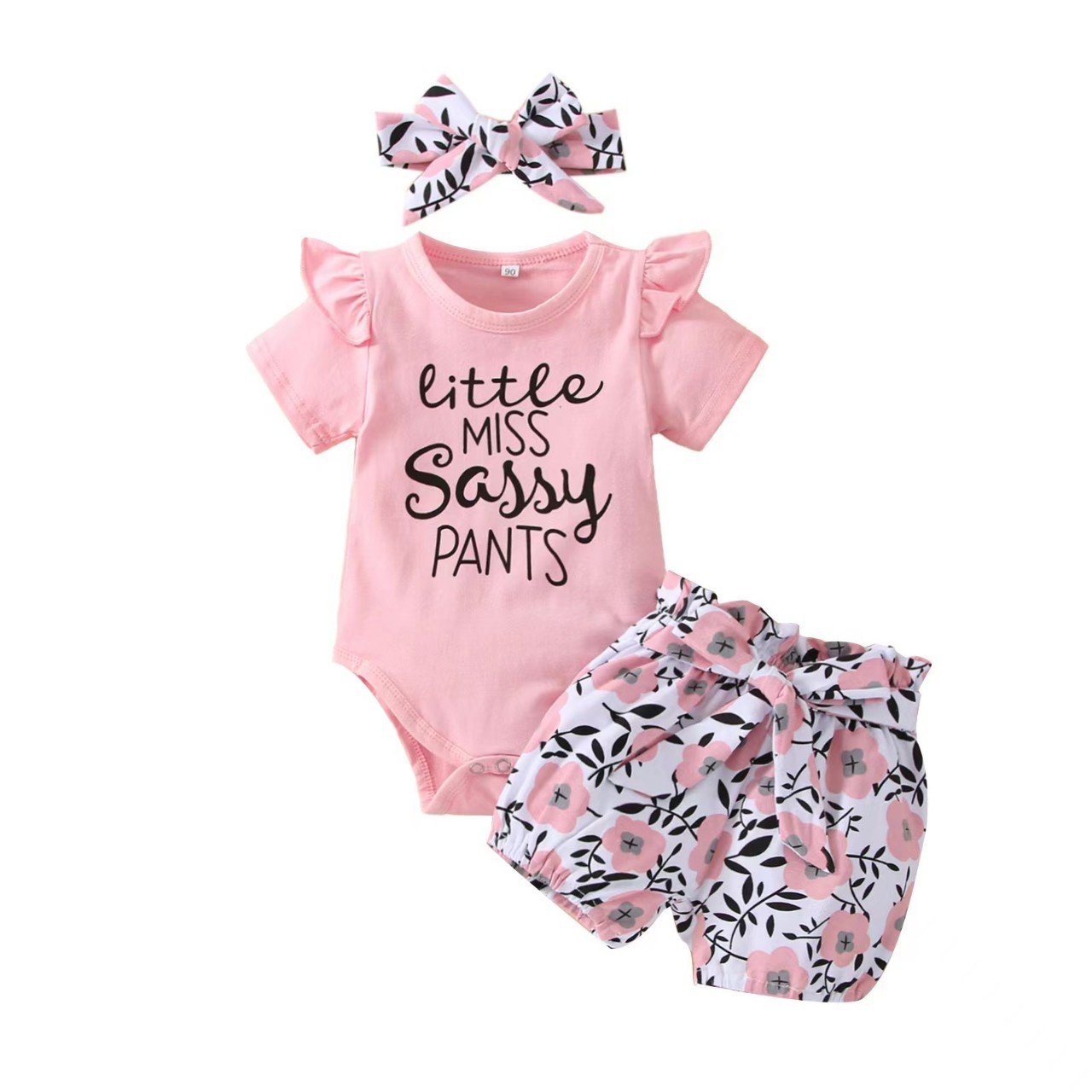 Newborn Girl Short Sleeve Letter Jumpsuit Pants Butterfly Headband 100% Cotton Tights Suit Cute ODM Snap Button Closure Clothing