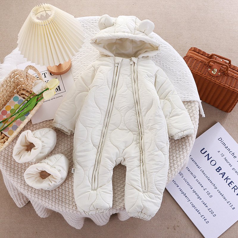 Eco-Friendly Sustainable Baby Pajamas Custom Winter Kids Romper Clothing Solid Color Baby Padded Puff Coats Warm Hooded Snowsuit