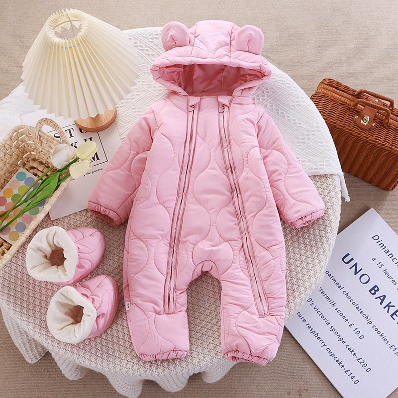 Eco-Friendly Sustainable Baby Pajamas Custom Winter Kids Romper Clothing Solid Color Baby Padded Puff Coats Warm Hooded Snowsuit