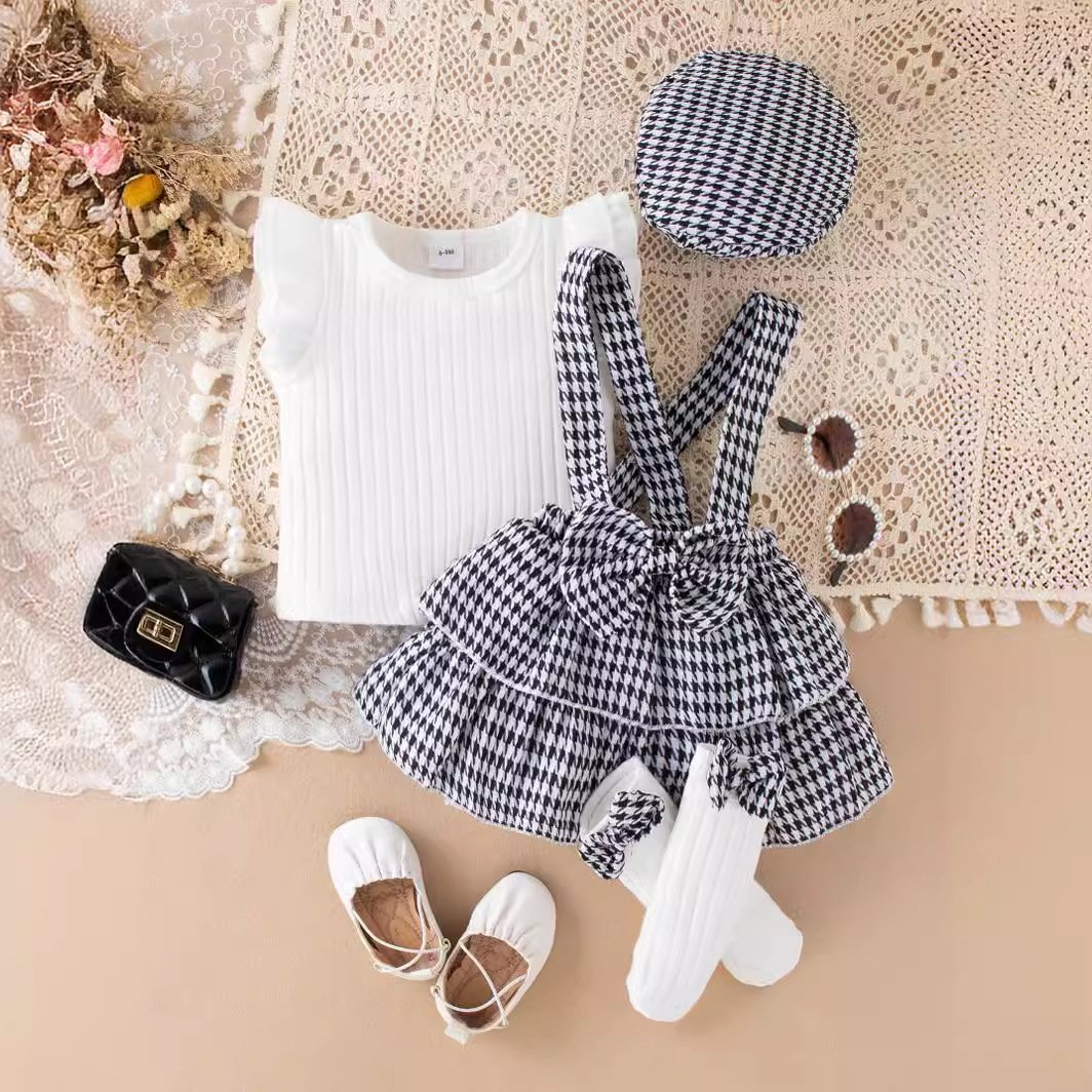 2024s summer 2pcs Baby Girls Kids Pit Strip Solid Color Top + Black & White Pattern Suspender Skirt Set with hat