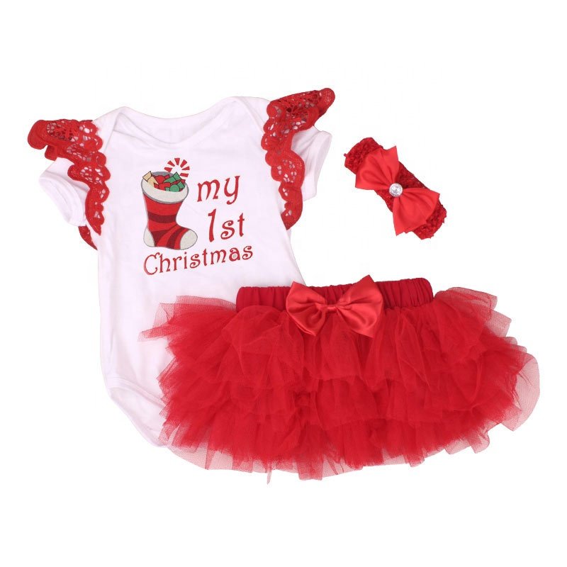 Christmas New Born Infant Toddler Baby Girl Clothes 3 Piece Suit Gift Set Mesh Cake dress Skirt baby Romper
