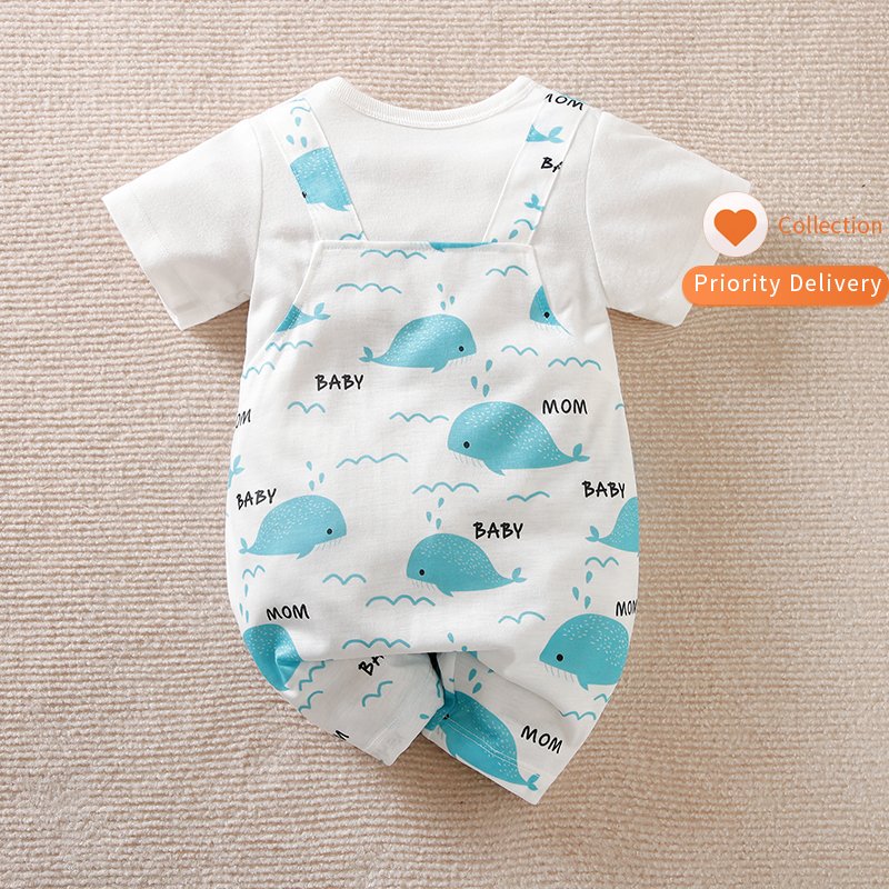 Cute Whale Print Overalls Looking Short Sleeve Summer Newborn Clothing Infant Baby Boys' Girls' Rompers Baby Jumpsuit