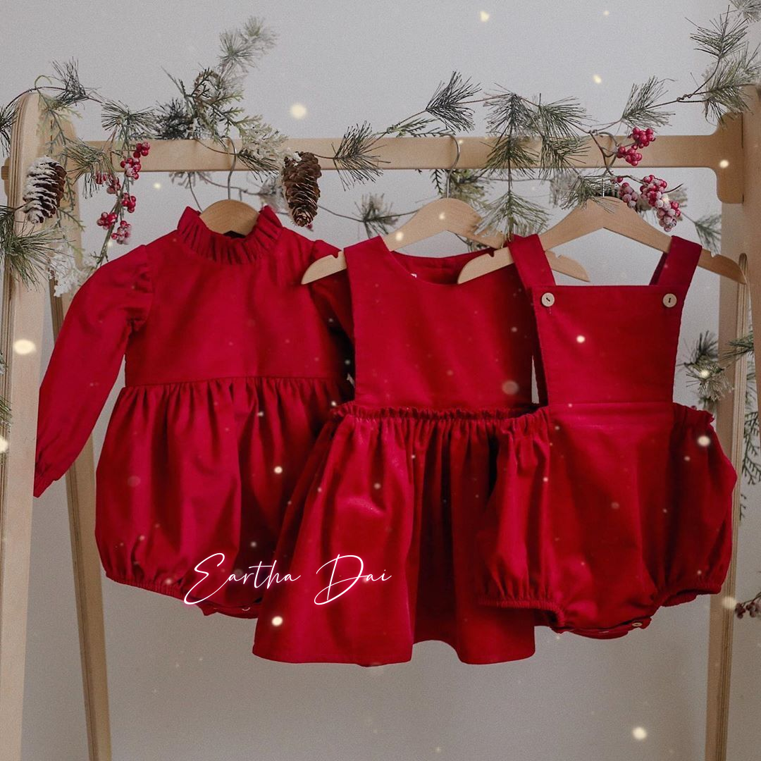baby rompers wholesale 100%linen ruffle long sleeve bubble romper christmas red vintage kids outfits
