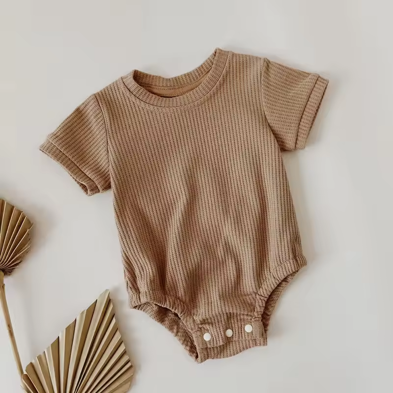 Wholesale Summer New Born Baby Romper Custom Patterns Bebe 0-24 Mois Waffle Baby Clothing Knitwear Snap Button Closure