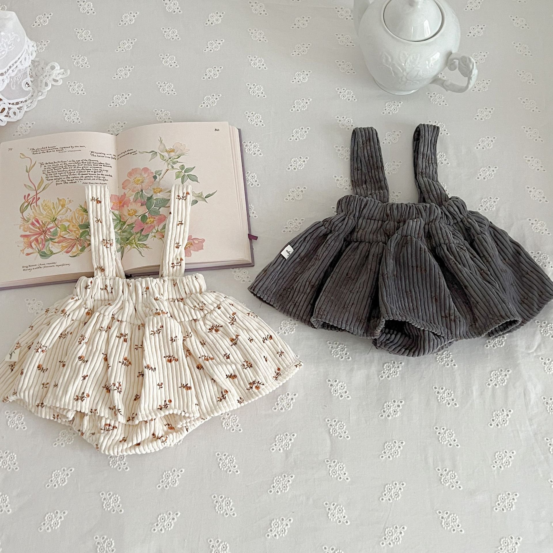 Spring Autumn Newborn Baby Girls' Flower Corduroy Halter Dress Romper Infant Toddler Kids Long Sleeve Top Clothing Sets