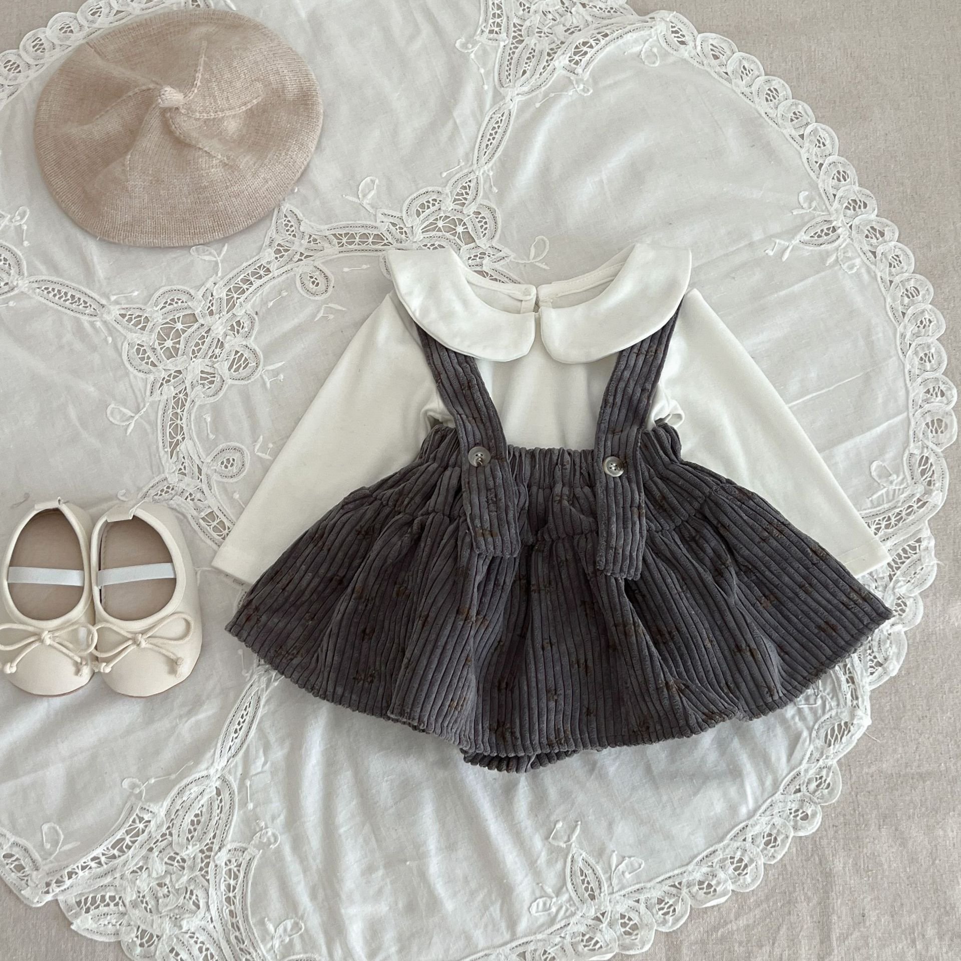 Spring Autumn Newborn Baby Girls' Flower Corduroy Halter Dress Romper Infant Toddler Kids Long Sleeve Top Clothing Sets