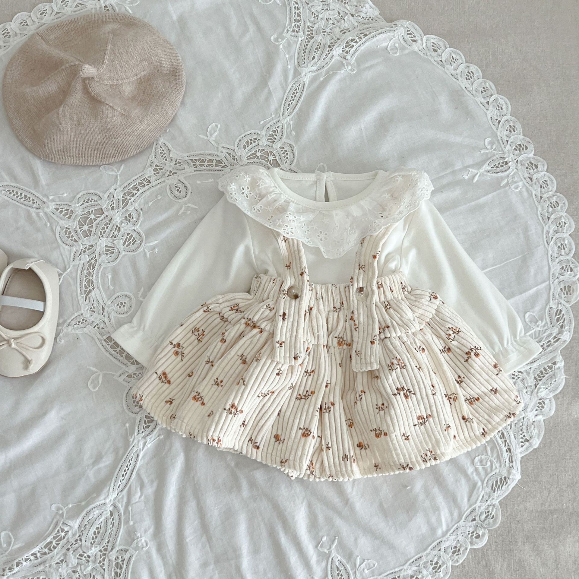Spring Autumn Newborn Baby Girls' Flower Corduroy Halter Dress Romper Infant Toddler Kids Long Sleeve Top Clothing Sets