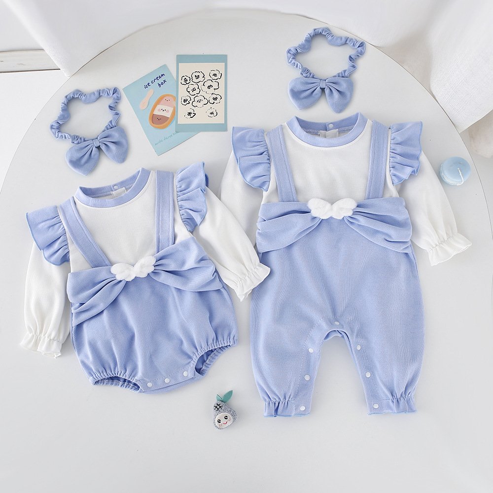 2024 New Fall Sweet Girl Baby Romper Solid Color Blue Wings Splicing Baby Cotton Romper Baby Rompers