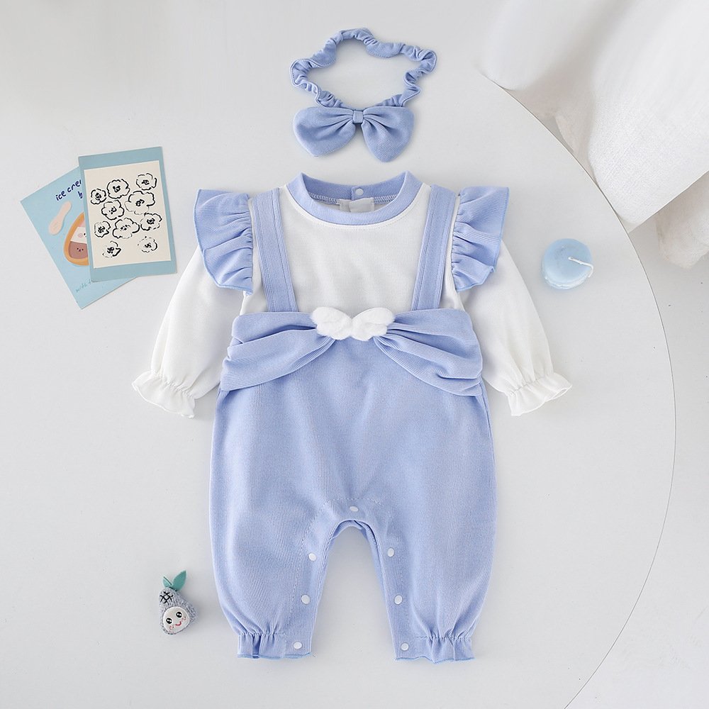 2024 New Fall Sweet Girl Baby Romper Solid Color Blue Wings Splicing Baby Cotton Romper Baby Rompers