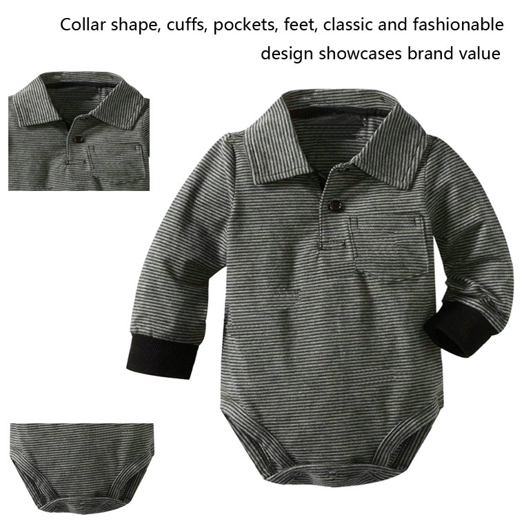 High Quality Cotton Newborn Baby Rompers Fashionable Long sleeves Striped Neutral solid color Polo shirt collar Baby Rompers