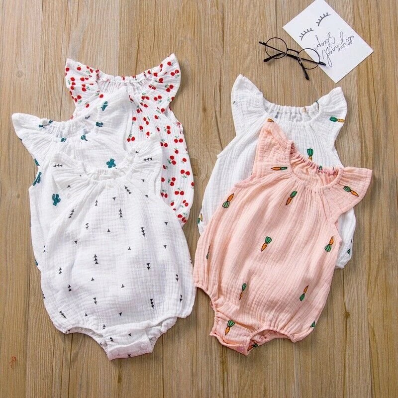 Baby Girls Simple Sleeveless newborn jumpsuits 100% organic cotton little cactus cherry print 0-24 month summer baby romper
