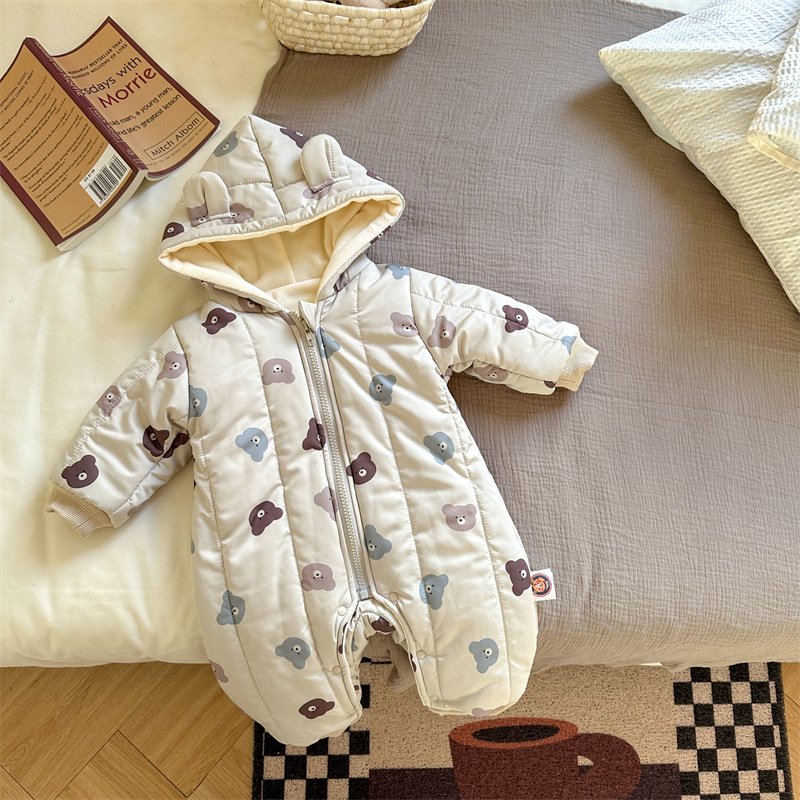 Winter Baby Rompers Toddler Girls Jumpsuits Bear Fur Lining Boys Clothes Thicken Warm Baby Outfit