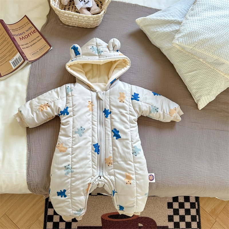 Winter Baby Rompers Toddler Girls Jumpsuits Bear Fur Lining Boys Clothes Thicken Warm Baby Outfit