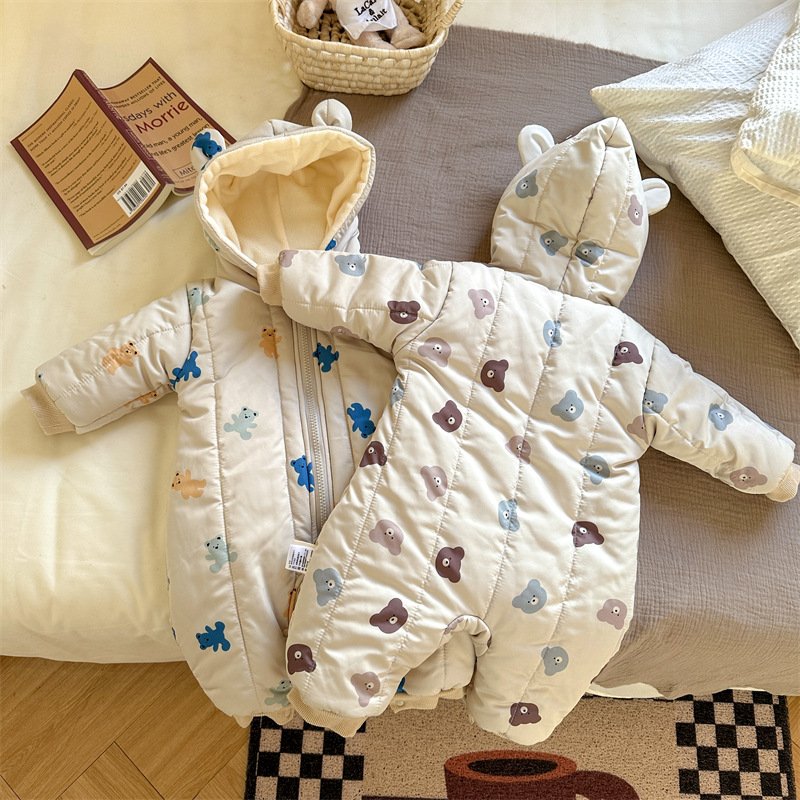 Winter Baby Rompers Toddler Girls Jumpsuits Bear Fur Lining Boys Clothes Thicken Warm Baby Outfit
