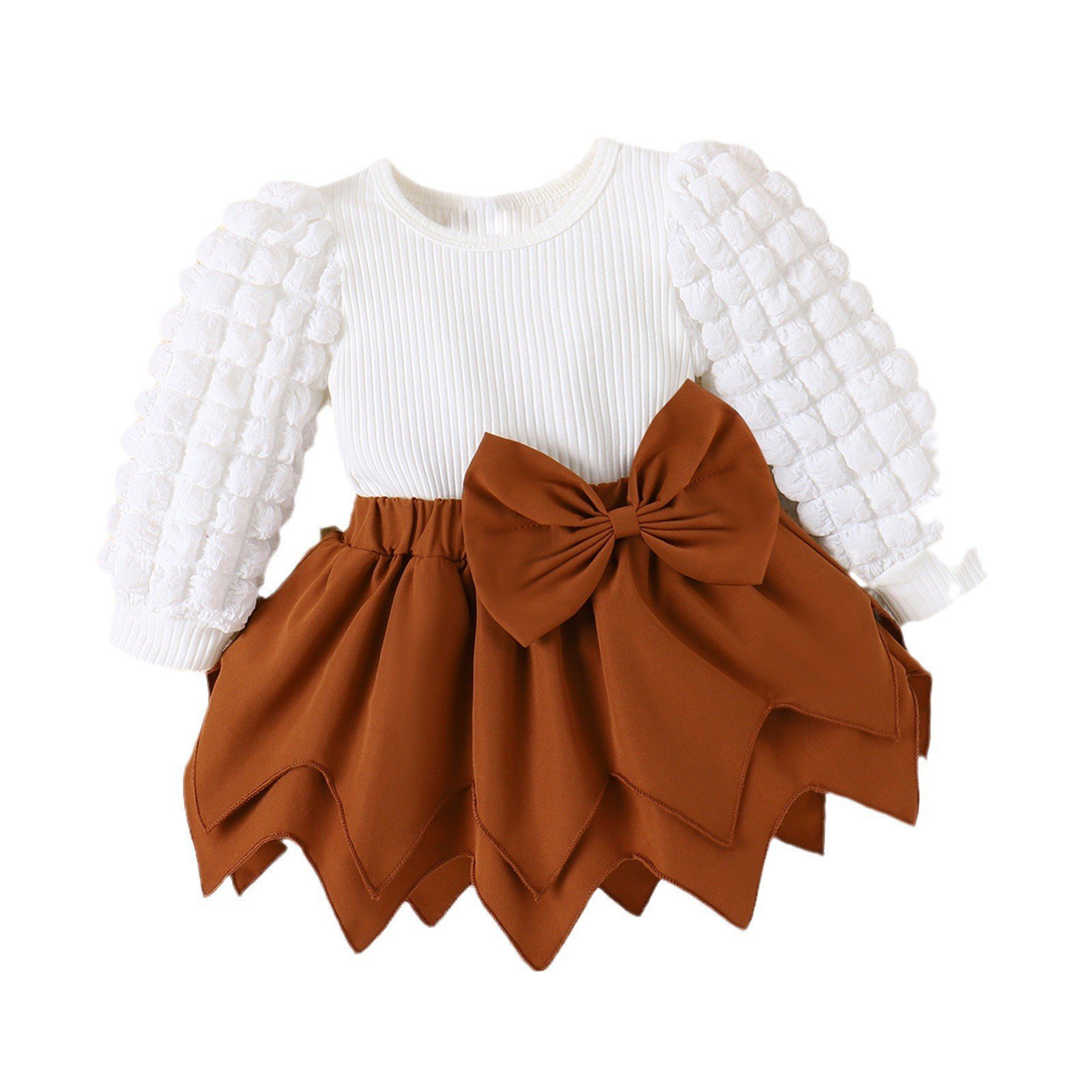 Sunny Baby Girls 0-2T Autumn And Winter Puffed Sleeve Top + Solid Color Bow Irregular Skirt 2 Pieces Set Baby Girl Set Clothes
