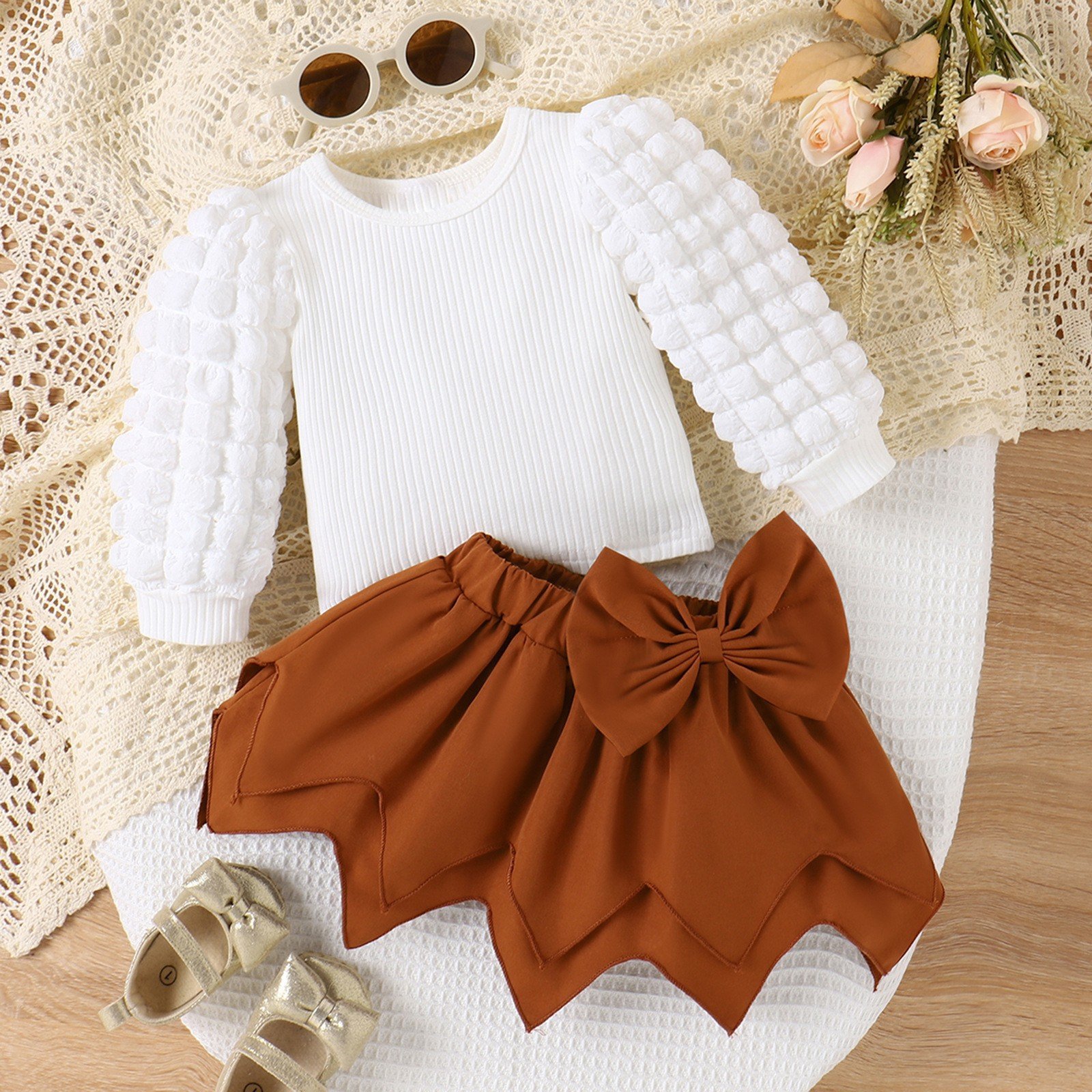 Sunny Baby Girls 0-2T Autumn And Winter Puffed Sleeve Top + Solid Color Bow Irregular Skirt 2 Pieces Set Baby Girl Set Clothes