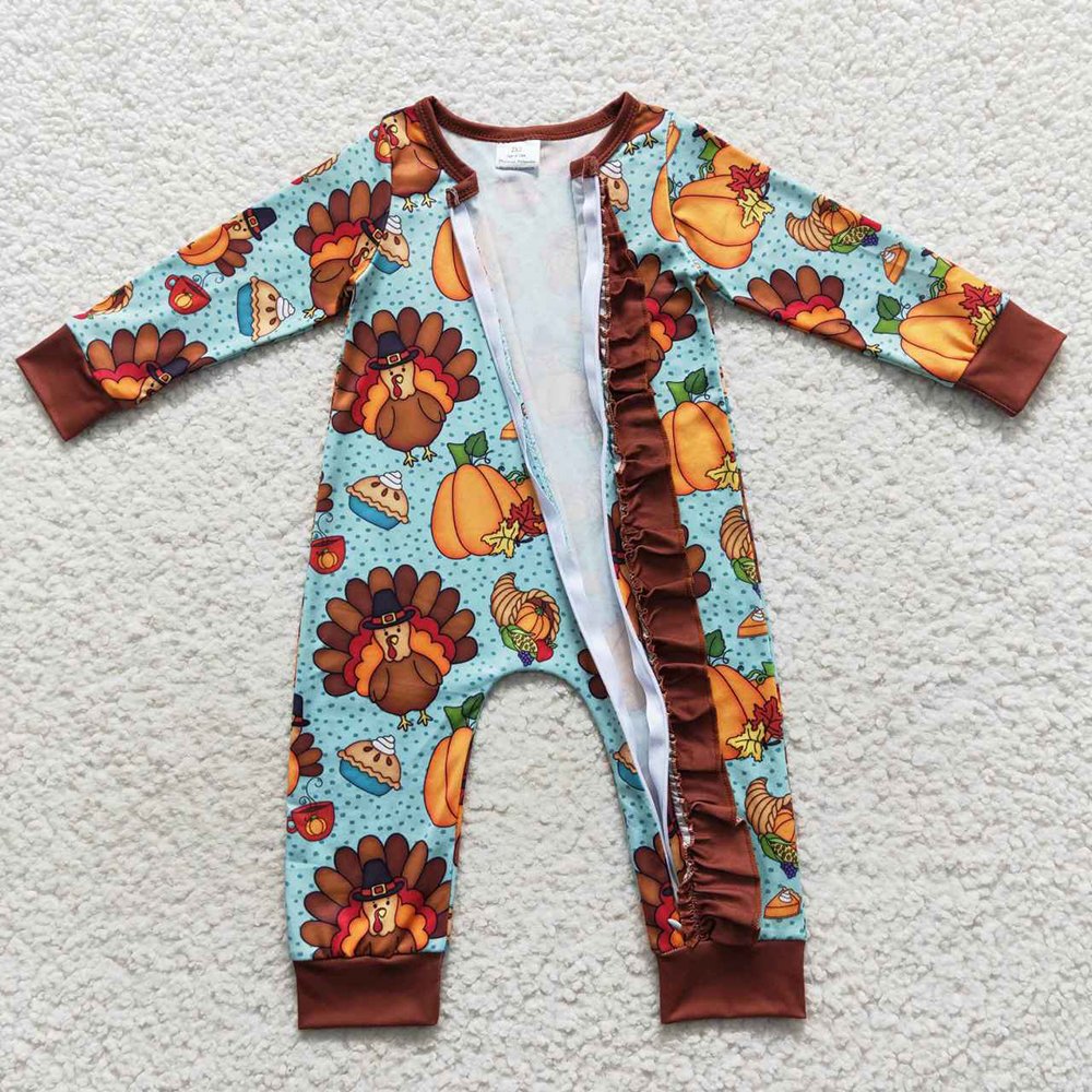 RTS Baby Toddler Newborn Infants Girls Thanksgiving Turkey Pumpkin Zip Long Sleeve Holiday Toddler Children Boutique Rompers