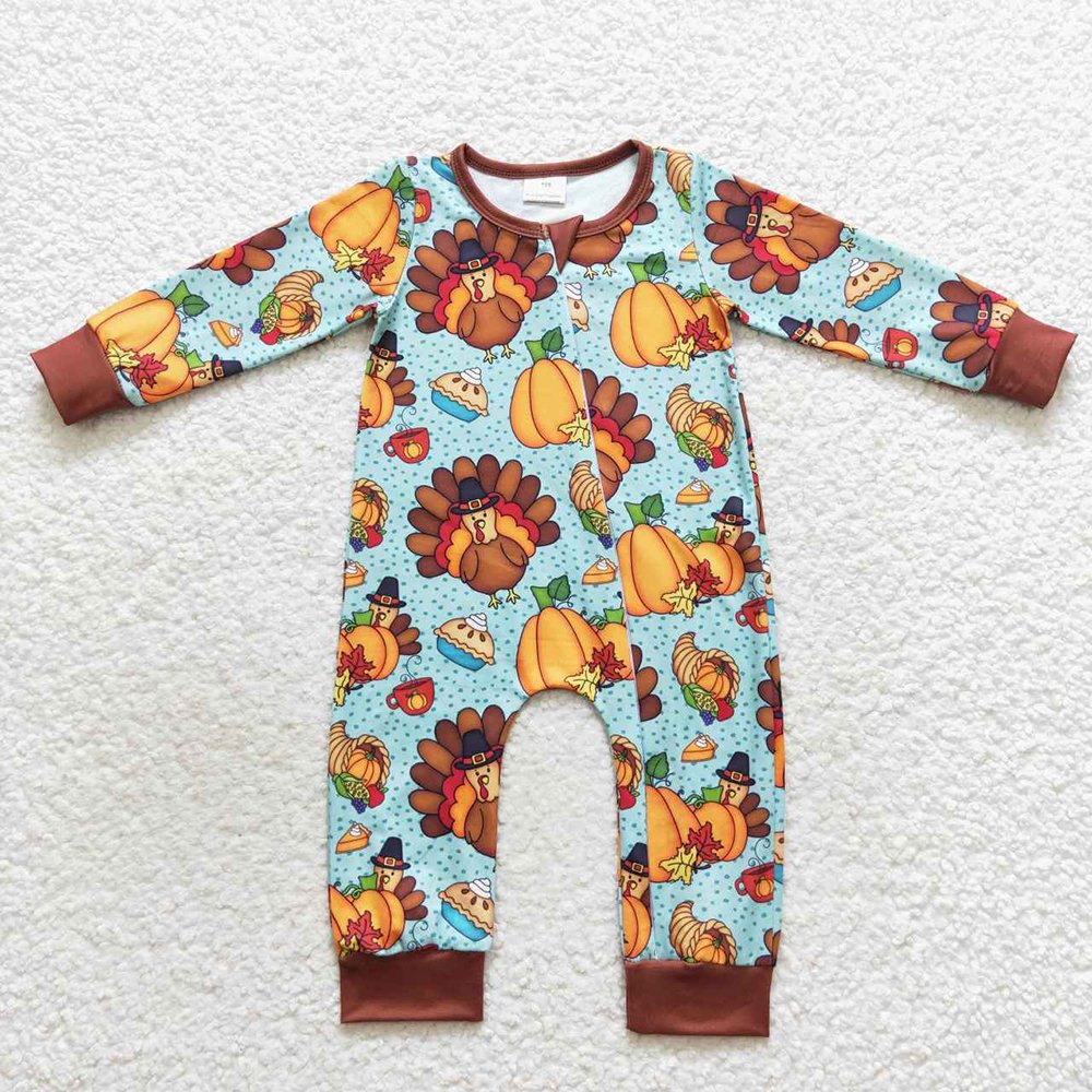 RTS Baby Toddler Newborn Infants Girls Thanksgiving Turkey Pumpkin Zip Long Sleeve Holiday Toddler Children Boutique Rompers