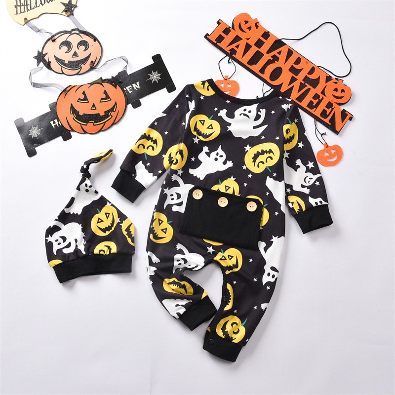 Custom Baby Girl Halloween Pumpkin Skull bone Printing Jumpsuit long Sleeves baby rompers