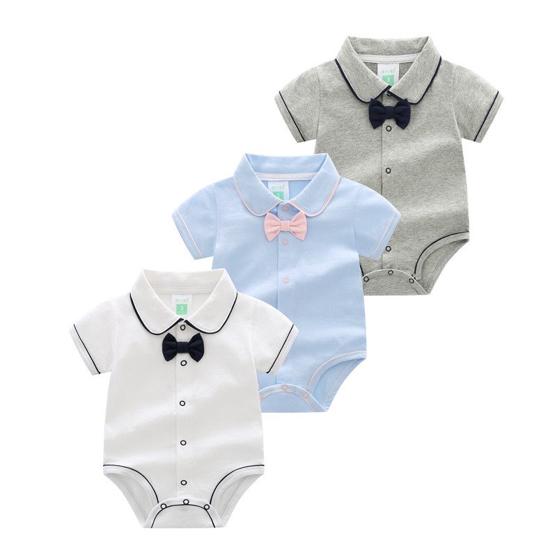 Newborn Jumpsuit Short-sleeved Bag Fart Triangle Romper For Boys British Style Toddler Clothing Solid Color Bow Tie Baby Rompers