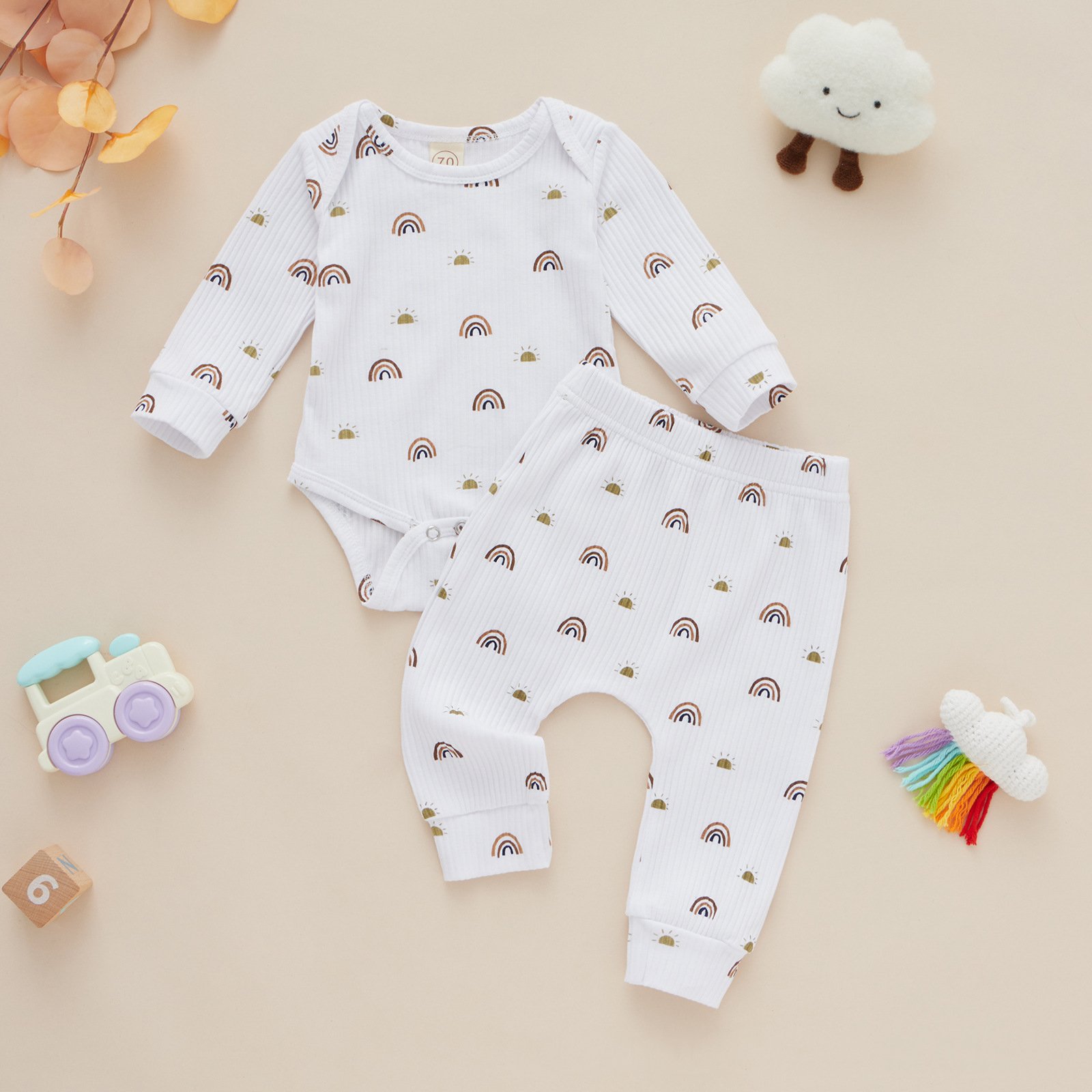 Autumn Cotton Clothes Baby Pullover Pants Two Piece Set knitted Ribbed Boys Girls Rainbow Baby Romper Clothing Sets