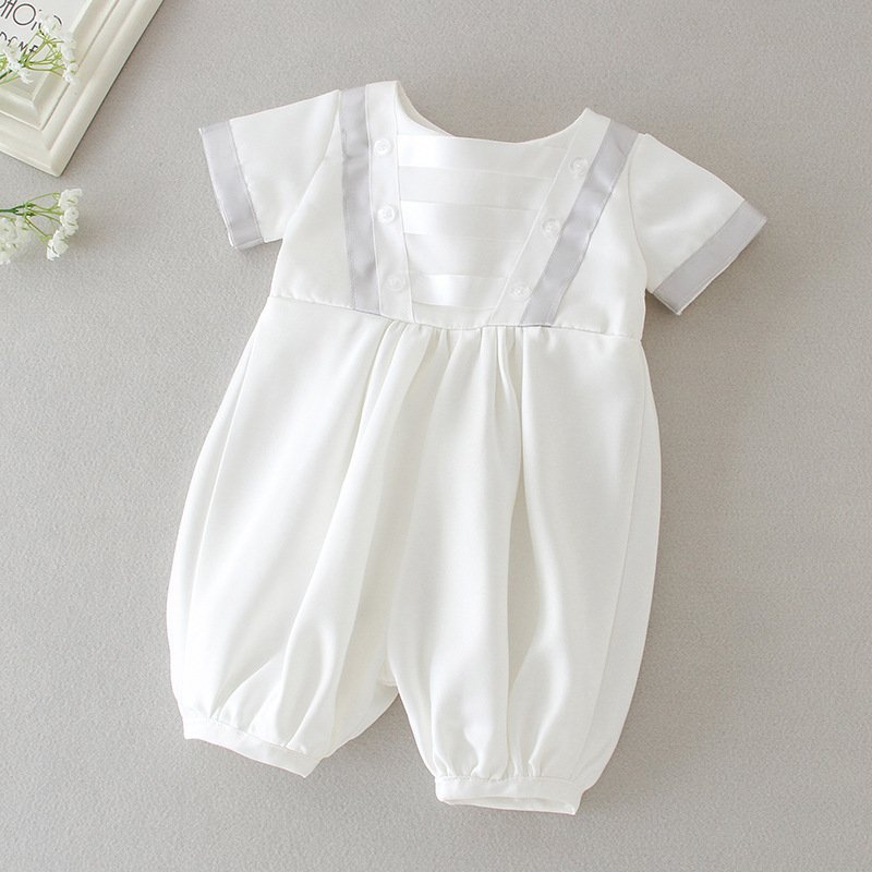 Hot Selling Baptism Boy Clothes Christening Cotton White Short Onesies Romper With Hat 2pcs Baby Boys Christening Suit