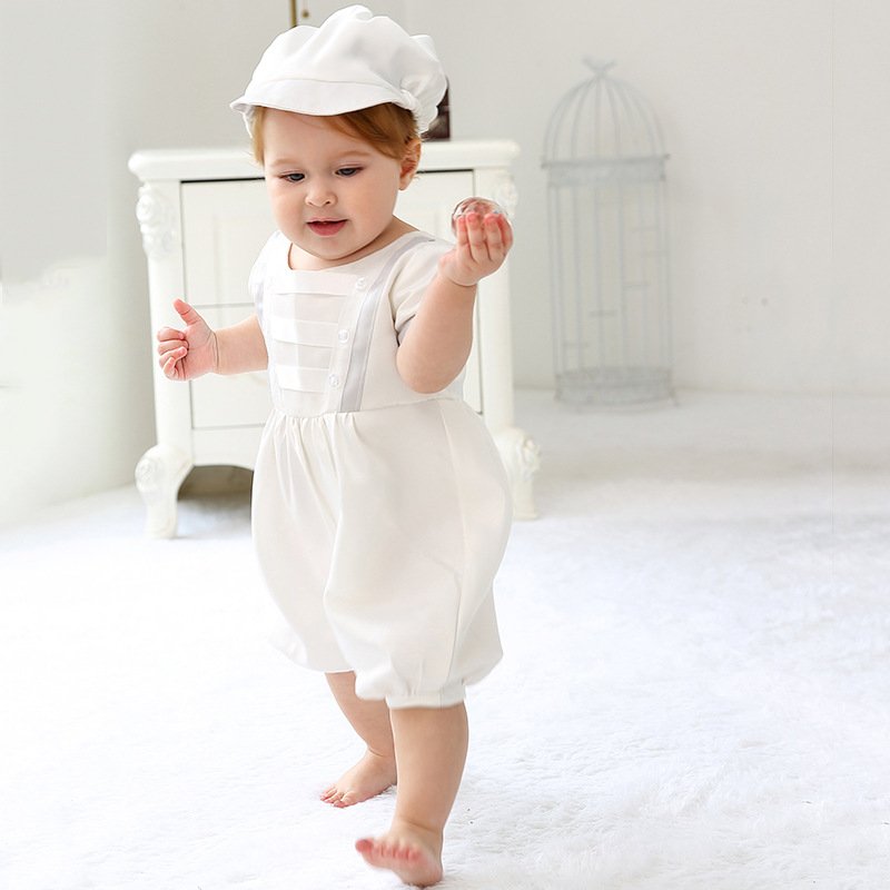 Hot Selling Baptism Boy Clothes Christening Cotton White Short Onesies Romper With Hat 2pcs Baby Boys Christening Suit