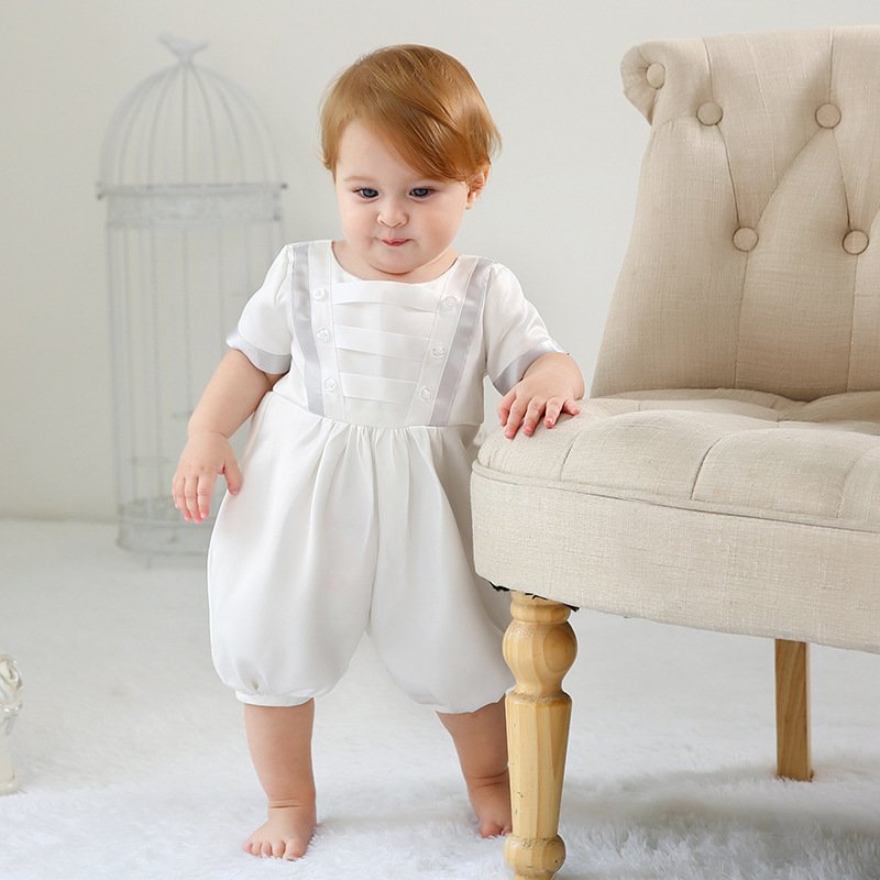 Hot Selling Baptism Boy Clothes Christening Cotton White Short Onesies Romper With Hat 2pcs Baby Boys Christening Suit