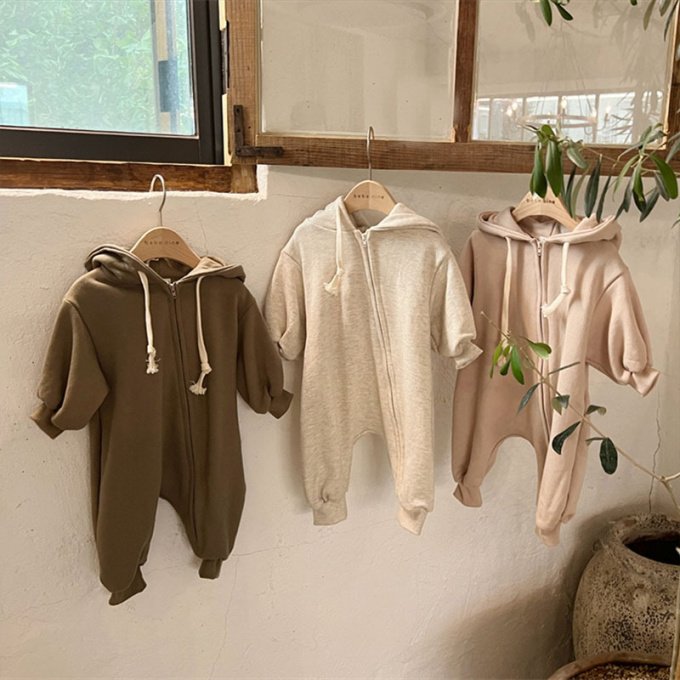 Wholesale Newborn Baby Romper Kids Infant Toddler Spring Fall Solid Plain Blank Zipper Hoodeie Long Sleeve Baby Jumpsuit Clothes