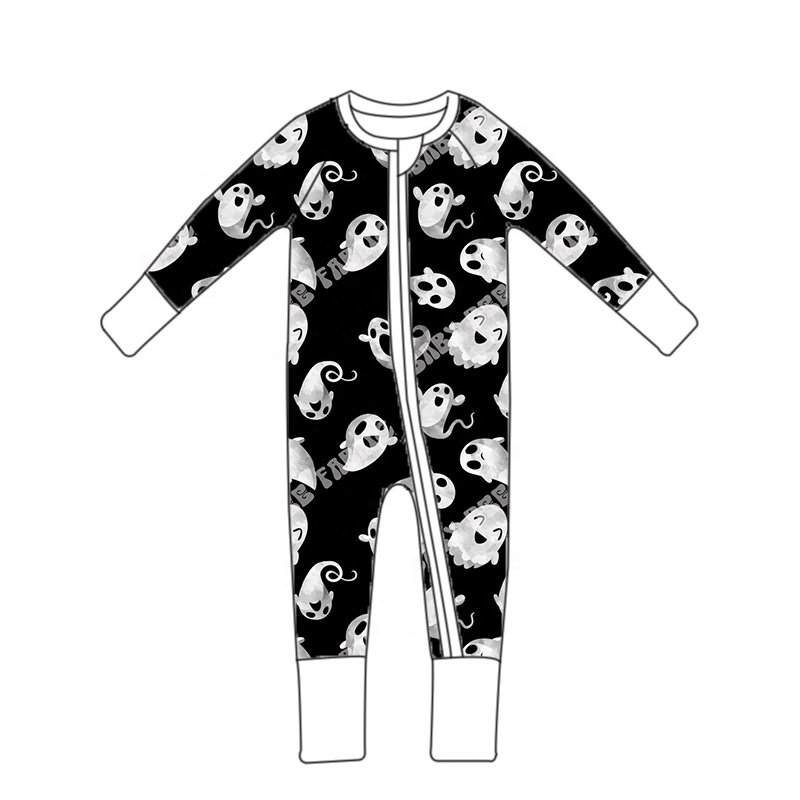 Halloween baby clothing wholesale cute baby bamboo fiber pumpkin mouse print long sleeved ykk zipper romper pajamas for children