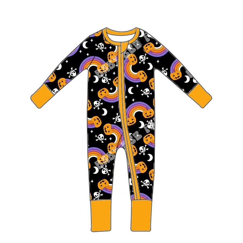 Halloween baby clothing wholesale cute baby bamboo fiber pumpkin mouse print long sleeved ykk zipper romper pajamas for children
