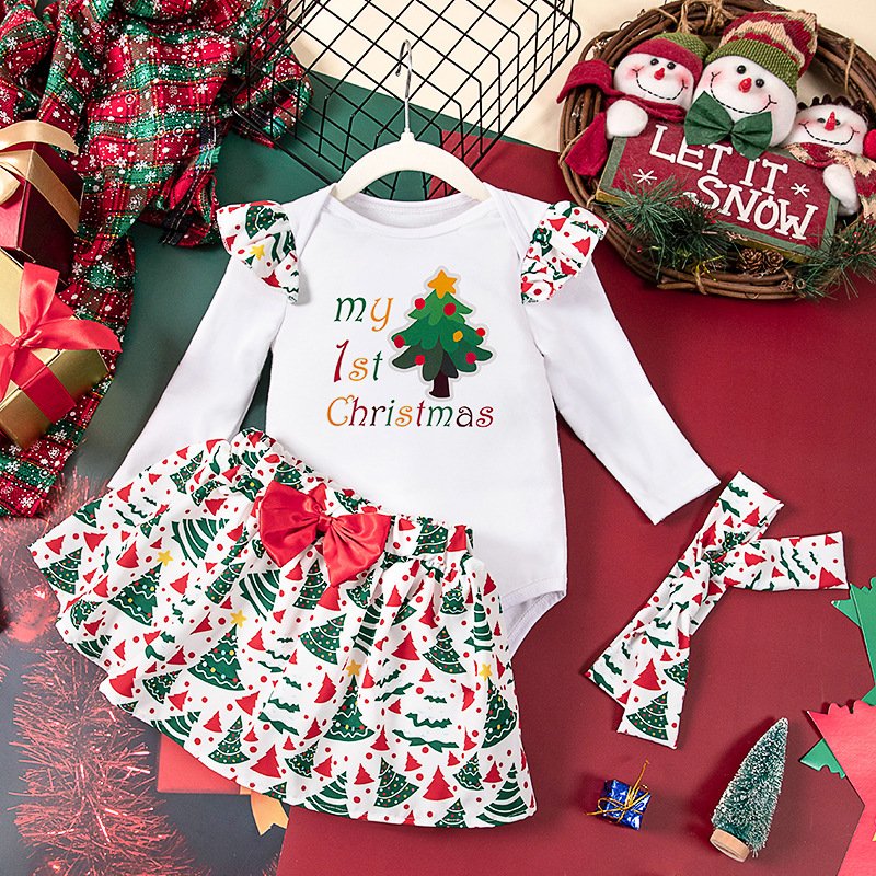 2024 New My First Christmas Baby Clothes Cute Print Cotton Romper Jumpsuit Skirt Headband Christmas Clothing Set for Baby Girls